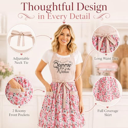 Cute Floral Apron for Women with Pockets, Cotton, Adjustable Straps - color: Pink