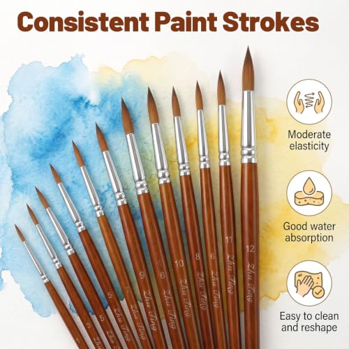 12 Size Round Watercolor Brushes, Watercolor Round Paint Brushes Set