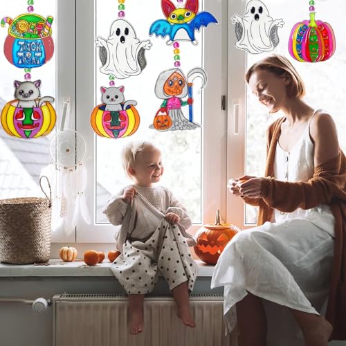 Ayhuhra 30 Set Halloween Suncatcher Keychain Craft Kits, DIY Window Art | Witch, pumpkin, bat, cat and ghost crafts for Halloween parties, trick or treat decor, spooky windows, and fall art projects - style: Halloween