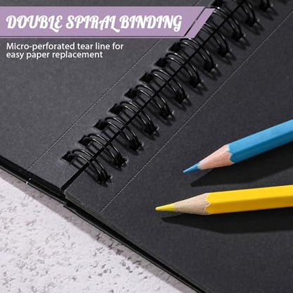 Black Paper Sketchbook Set, 6.7 × 10 in, 30 Sheets, 12 Gel Pens | 160gsm Acid-Free Paper, Spiral Bound, Tear-Out Pages, Hardcover, for Gel Pens, Chalk, Metallic Markers - size: 6.7×10in Set