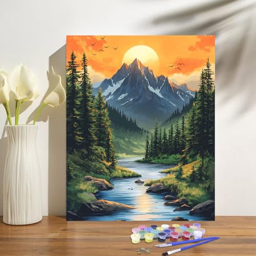 Mountain Paint by Numbers Kit for Adults Beginner Sunset Oil Painting Kit Adult Paint by Number Kits on Canvas Landscape DIY Painting for Beginners Art by Numbers for Gifts Home Wall Decor 16x20 Inch - color: YF015