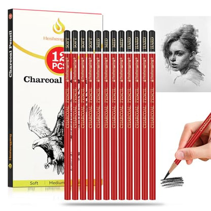 Heshengping Professional Charcoal Pencils Drawing Set -12 Pieces Soft, Medium Hard Charcoal Pencils for Drawing Sketching Shading Artist Pencils for Beginners Artists - style: 12 Pack Sketching Charcoal Pencils