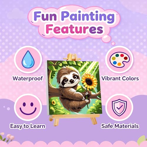 Gemozaic Sloth Paint by Numbers Kit for Kids Ages 8-12 with Frame & Easel | Cute Animal Kids Paint by Number on Canvas, DIY Acrylic Painting by Numbers for Teens Boys Girls for Birthday Gift, 8x8 IN - color: BKH1865