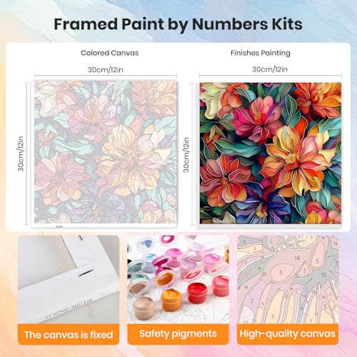 HEIBAGO Framed Paint by Numbers Kit Flowers for Adults, Paint by Numbers for Adults Beginner, Adult Paint by Number Kits on Canvas, DIY Painting by Numbers for Gift Home Wall Decor 12x12 Inch - color: Flowers-6