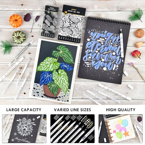 White Pens Set, White Gel Pens, Dual-Tip Acrylic Paint Pen | 6 Size Opaque Gel Ink Pen Brush Tip Acrylic Markers for Drawing, Sketching, Illustration, Card Making, Bullet Journaling - size: 10