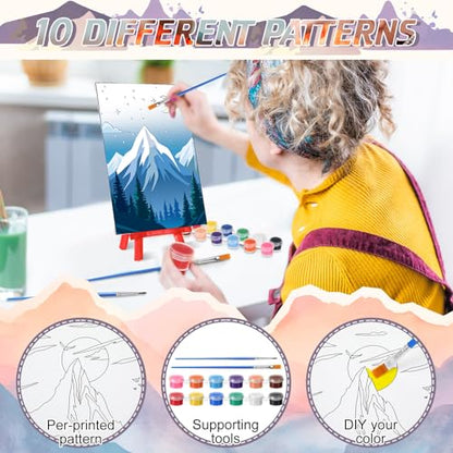 Blosssound 10 Set Pre Printed Canvas Pre Drawn Canvas Painting with Easel Kits 5" x 7" Outline Painting Panels for Beginners, DIY Craft Project, Party Favor, Home Decors(Sunset) - style: Sunset