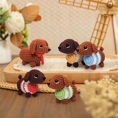 Mewaii Crochet Kit for Beginners, 5 Pack Dachshund Dog Craft Set - color: Brown Red and Blue
