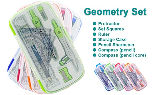 Akuoly Geometry Compass Kit Starter Maths Set with 2 Drafting Compasses Protractor Set Squares Ruler and More for Students Maths Study, Green