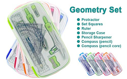 Akuoly Geometry Compass Kit Starter Maths Set with 2 Drafting Compasses Protractor Set Squares Ruler and More for Students Maths Study, Green