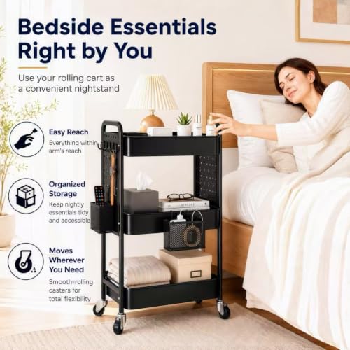 3 Tier Black Rolling Storage Cart Metal with DIY Pegboard and Wheels | Three Tiered Art Supply Organizer Cart, Utility Hobby Carts for Craft, Snack, Diaper Caddy, Nail, Baby Essentials, Snack - color: Black