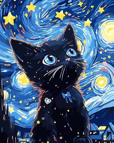 FILASLFT Paint by Numbers Kit for Adults Beginner Black Cat, Paint by Number on Canvas DIY Starry Night, Abstract Sky Acrylic Digital Oil Painting Craft for Gift Home Wall Decor(16 x20 Inch) - color: B-002-animal