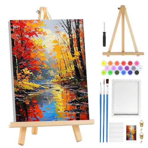 MOGTAA Fall Paint by Numbers Kit for Adults Beginners with Frame, Landscape Adult Paint by Number Kits on Canvas with Easel, Easy DIY Autumn Oil Painting Kits for Home Decor, 8x12in - color: Landscape
