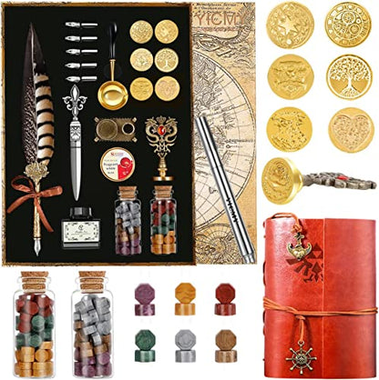Feather Pen Pheasant Quill Pen and Ink Set,Caligraphy Kits for Beginners, Feather Pen and Ink Set With Leather Journal Notebook,Wax Seal Kit,7 Wax Seal Stamp Heads,Calligraphy Pens for Gift