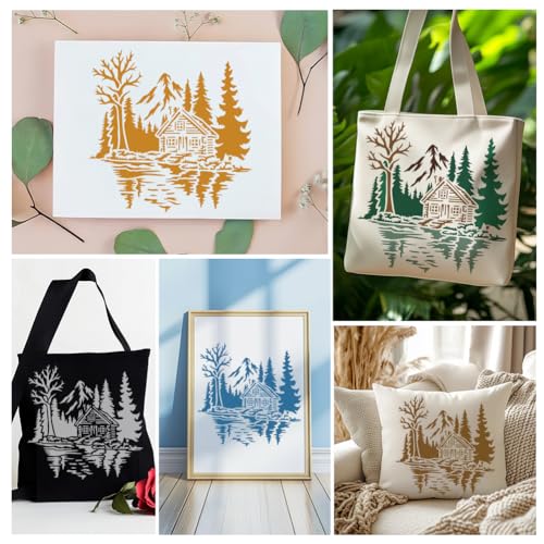 Forest Cabin Tree Stencil for Painting, 11.8"x11.8" Reusable The Lake House Stencil Drawing Template, DIY Craft Paint Template for Wall Home Decor Wood Burning Card Canvas Journal - style: Forest