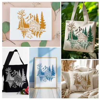 Forest Cabin Tree Stencil for Painting, 11.8"x11.8" Reusable The Lake House Stencil Drawing Template, DIY Craft Paint Template for Wall Home Decor Wood Burning Card Canvas Journal - style: Forest