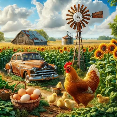 Accompany Wind Chicken Diamond Art Kits for Adults, 5D Farm Scenery Diamond Painting Kits for Beginners,DIY Round Full Drill Diamonds Gem Art Crafts for Home Wall Decor Gifts 14x14 Inch - color: Farm chicken