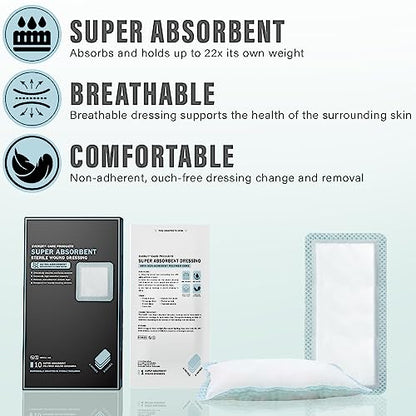 EVERLIT Super Absorbent Dressing for Wound Care | Nonstick Soft Surgical Gauze Pad for Heavily Exuding Wounds | Large Sterile Non-Adhesive Bandage for Fast Healing Wound Care | Pack of 10 (4" x 8") - size: 4" x 8"