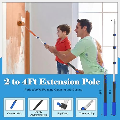 Paint Roller Kit with Extension Pole, 2-4FT Adjustable Pole, Professional 27-Piece Paint Kit, 4"9" Paint Rollers, Paint Brushes for Walls, Works with All Latex, Oil-Based Paints and Wood Finishes - color: Orange