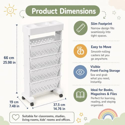 5-Tier Rolling Bookshelf Cart with Wheels, White - color: White, size: 5-Tier 26"H