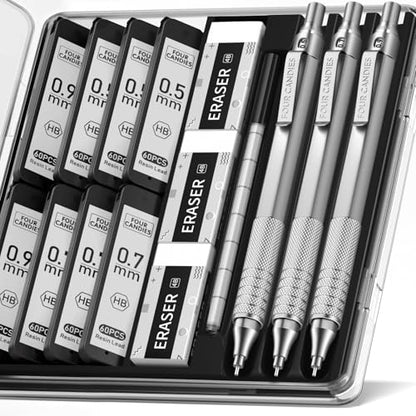 Four Candies Metal Mechanical Pencil Set, 3PCS, 0.5 & 0.7 & 0.9mm, Silver - color: Silver, style: 0.5mm+0.7mm+0.9mm