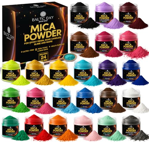 BALTIC DAY Mica Powder for Epoxy Resin – 24 Ultra-Vibrant Colors in Large 10g Jars (240g Total) – High-Pigment Cosmetic-Grade Pearlescent Powder for Soap, Slime, Candle Dye & Crafts - color: 24 Colors
