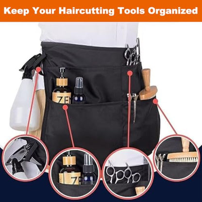 Hair Stylist Apron with 5 Pockets & 2 Loops, Barber Half Waist Apron with Adjustable Belt, Professional Hairdresser Tools Storage Holster Salon Waist Pouch for Hairstylist, Makeup Artist
