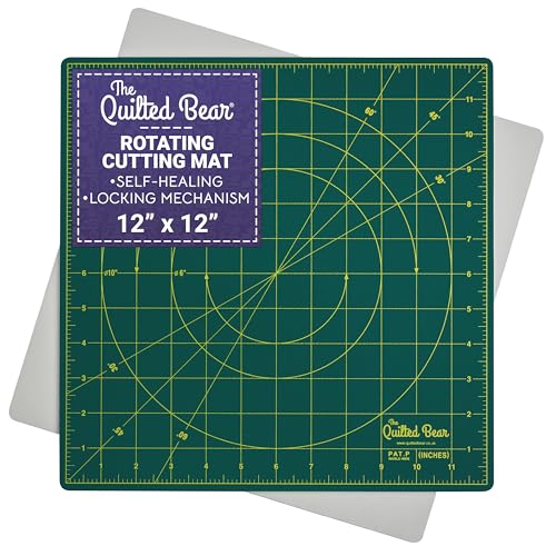 The Quilted Bear 12" x 12" Rotating Self-Healing Cutting Mat, Green | Square Mat, 360° Rotation, Locking Mechanism, 5-Layer Surface, Non-Slip Base, Clear Inch Grid & Angle Guides for Quilting - color: Green, size: 12"L x 12"W