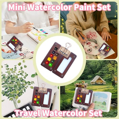 Mini watercolor travel set Mini Watercolor Paint Set Travel Watercolor Sets Mini Paint Pad Pocket Artist Watercolour Travel Sets Pocket Watercolour Kit Portable Paint Palette(9 Grids，Mint blue)