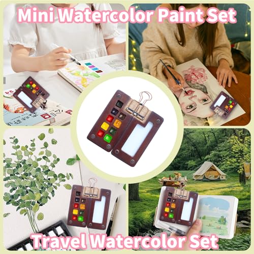 Mini watercolor travel set Mini Watercolor Paint Set Travel Watercolor Sets Mini Paint Pad Pocket Artist Watercolour Travel Sets Pocket Watercolour Kit Portable Paint Palette(9 Grids，Mint blue)