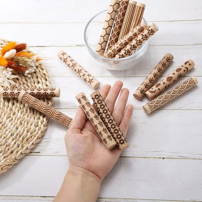 HARFINGTON 2pcs Wood Clay Roller 4" Curved Lines Flower Pattern Rolling Pins Wood Rollers Pottery Tools Wood Grain Texture Rollers for Clay Baking Dough Playdough DIY - style: Curved Lines + Flower