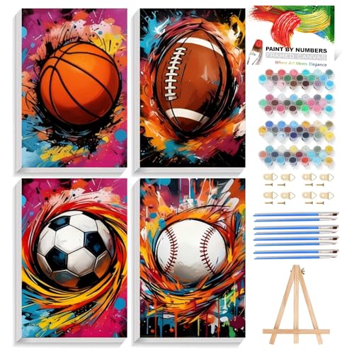 Reivworl 4 Pack Framed Paint by Numbers for Adults with Wooden Easel, Ball Sports Paint by Numbers Kit for Adults Beginner, Acrylic Painting by Number for Home Decor 8X12 Inch - color: 01-Ball Sports