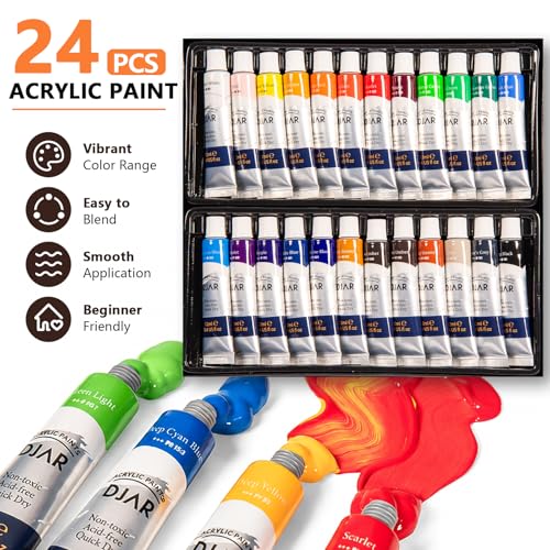 DJAR 49 Pcs Acrylic Paint Set with Tabletop Easel Box, 24 Colors - style: Tabletop Easel Set