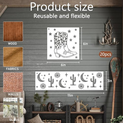 Keluna Western Cowboy Cowgirl Painting Stencils - 20 Reusable Stencils for Wood Burning, Landscape Cactus Western Scenes - style: western cowboy