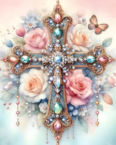 MBNTJHT DIY Cross Paint by Numbers Kit on Canvas for Adults,Easy Flowers Cross Paint by Number Kits for Beginners,Digital Oil Painting Kits for Home Wall Decor 16X20 Inch. - color: MT20657