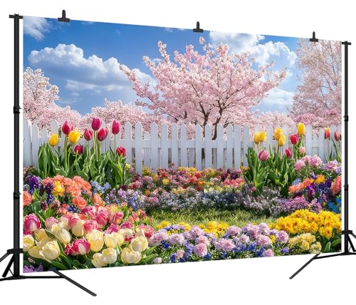 8x6FT Spring Garden Backdrop Secret Floral Garden Tulip Peach Blossom White Fence Backdround for Spring Easter Birthday Party Decoration Vinyl - size: 8x6FT