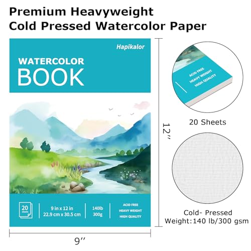Hapikalor 9"x12" Watercolor Sketchbook, Spiral Bound Water Color Paper | 140lb/300gsm Watercolor Paper, Artist Painting Watercolor Notebook, Watercolor Journal, Sketch Pad, School Supplies, Teal - color: Teal, size: 9" x 12" Spiral Bound