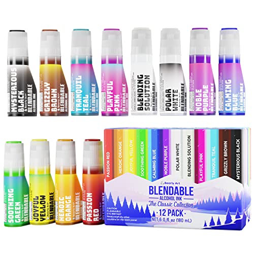 Bearly Art Alcohol Ink Classic Collection Rainbow Set 0.5 fl oz Each | 12 acid safe blendable alcohol inks and blending solution for vibrant designs on paper, resin and mixed media surfaces
