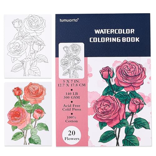 tumuarta Watercolor Coloring Book, 20 Unique Floral Designs, 5x7”, 100% Cotton, 300GSM, 140 LB, 20 Sheets, Cold Press, Acid Free Watercolor Paper Sketchbook, Glue Bound Mixed Media Pad (Flowers)