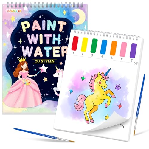 SOCOLER Paint with Water Coloring Books for Kids & Toddlers, Unicorn | Mess Free Watercolor Painting Set, Water Color Painting Book,Craft Art Kit, Boys & Girls Birthday Gift, Travel Activity Toy - style: Unicorn