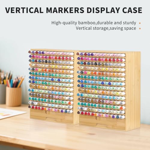 AUTOARK Natural Bamboo Marker Organizer with Drawer, AHK-065 | 182 Slots - size: 182 Markers