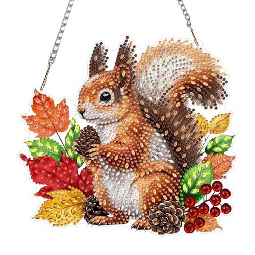 CEOVR Squirrel Hanging Diamond Art for Adults, Fall Maple Leaf Diamond Painting Pendant, DIY Special Shape Gem Art Window Ornament, Acrylic Home Wall Decor with Chain, Box Kit 7.87×7.24inch - color: 2-Squirrel