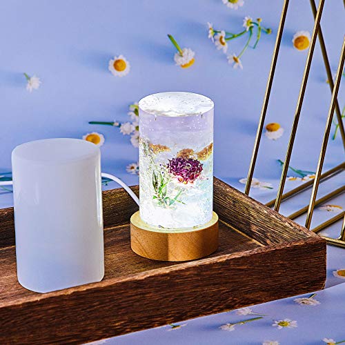 Honoson 3 Pieces Light Resin Silicone Mold Set, Includes 1 Resin Mold and 2 USB Powered Wooden Lighted Base Stands for DIY Table Candle Desktop Lamp Ornaments(2 x 3.5 Inches,Column) - size: 2 x 3.5 Inches, style: Cylinder