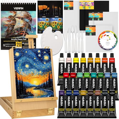 VISWIN 62 Pcs Acrylic Paint Set with Easel Box, Painting Kit with 24 Acrylic Paints, Canvases, Brushes, Palette, Paper Pad, Art Supplies, Art Set Gift for Adults, Beginners, Artists - size: 62 Pcs