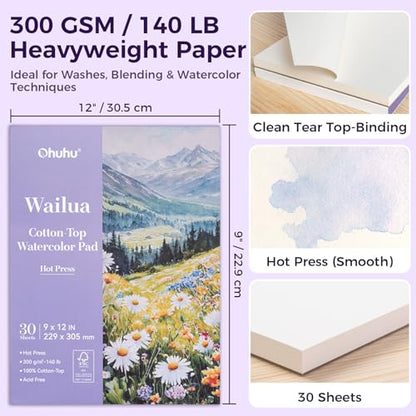 Ohuhu Cotton-Top Watercolor Paper Pad 9"x12" Hot Press Paper 30 Sheets