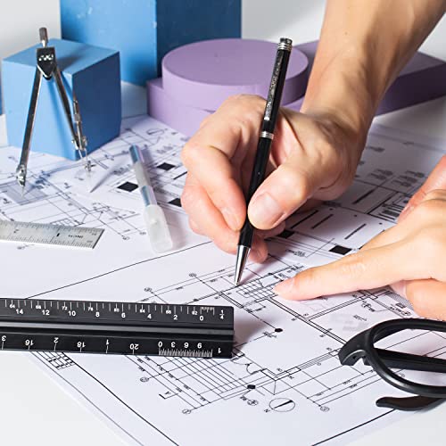 Architectural Scale Ruler Set, 2 Pack 12 Inch Aluminum Architect Ruler with Standard Metal Ruler, Imperial Architect Triangular Ruler with Etching for Architects, Engineers, Students and Draftsman - color: Black Silver