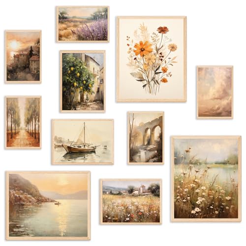 KBKBART 11pcs Vintage Wall Art Prints, Neutral French Country Decor, Vintage Landscape Canvas Paintings, Italian Countryside Autumn Wildflower Decor Poster Pictures for Bedroom-UNFRAMED - color: Vintage