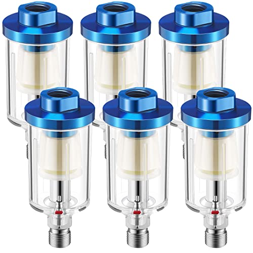 Pack of 6 Small Water Oil Separator Filter 1/4 Inch NPT Inlet and Outlet Air Compressor Moisture Filter Airbrush Water Separator for Spray Paint Air Line Compressor Fitting, Blue