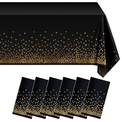 Eleclassi Black and Gold Dot 6 Pack Premium Disposable Plastic Tablecloth 54 x 108 in - Polka Dot Plastic Table Cloth Disposable Tablecloth for Rectangle Table up to 8 Feet - color: Black With Gold Dot