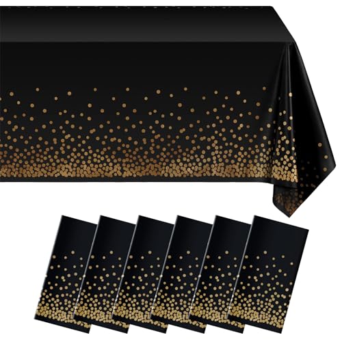 Eleclassi Black and Gold Dot 6 Pack Premium Disposable Plastic Tablecloth 54 x 108 in - Polka Dot Plastic Table Cloth Disposable Tablecloth for Rectangle Table up to 8 Feet - color: Black With Gold Dot