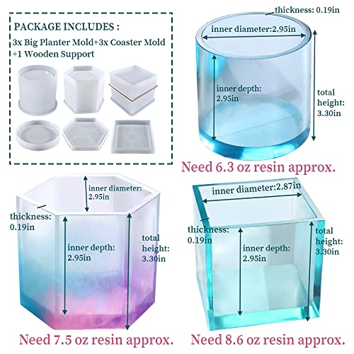 3 Sets Large Silicone Plant Molds, Container Coaster Resin Concrete Mold, Cylinder Cube Hexagon Silicone Mold for Candle Vessel Succulent Planter Pot Pen Holder Jar, Handmade Crafts Supplies - color: 3pc Containers+3pc Coasters